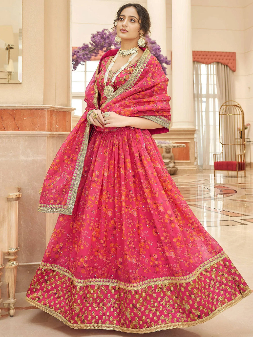 Tulsi Art Phenomenal Pink Floral Printed Organza Reception Wear Lehenga Choli | Grocsy