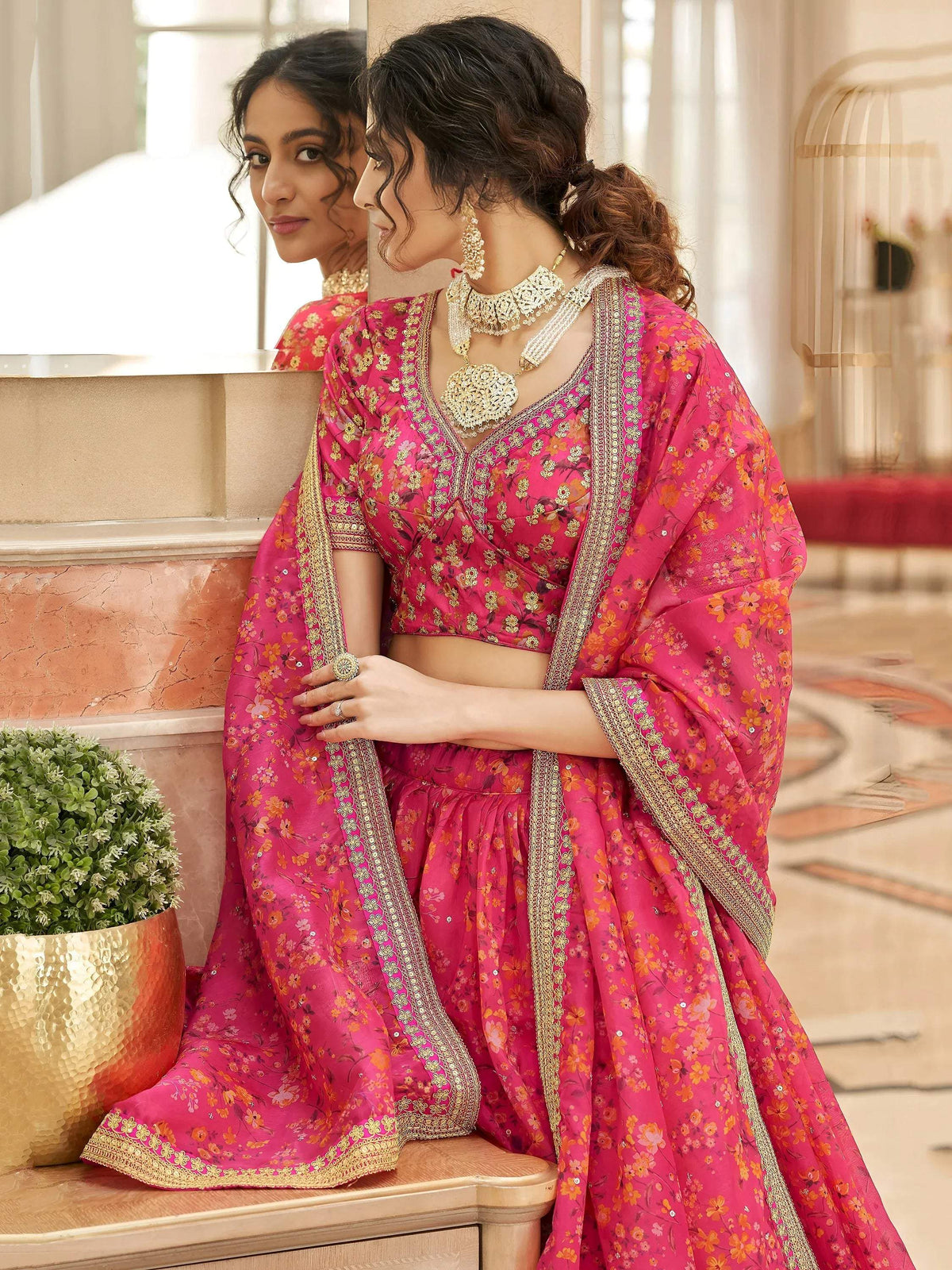 Tulsi Art Phenomenal Pink Floral Printed Organza Reception Wear Lehenga Choli | Grocsy