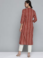 HERE&NOW Women Rust Red & Off-White Pure Cotton Striped Keyhole Neck Straight Kurta | Grocsy