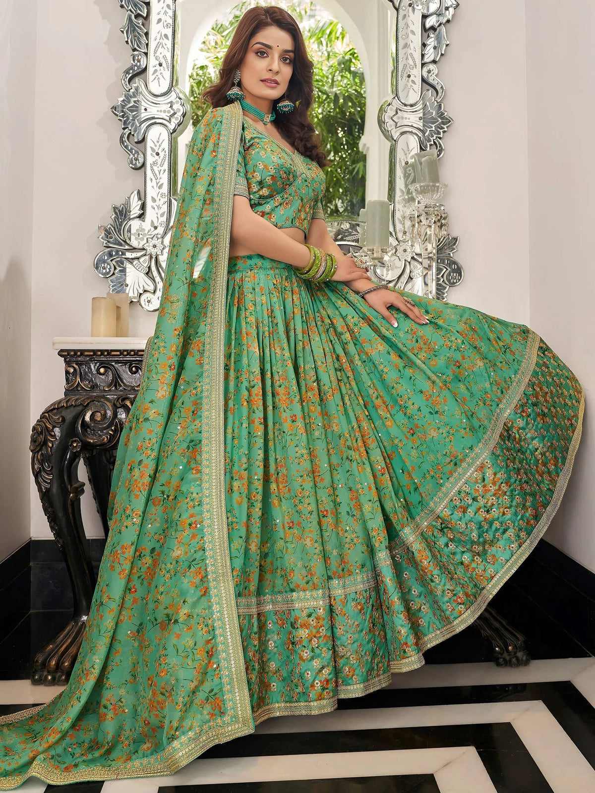 Tulsi Art Mesmerizing Green Floral Printed Organza Mehendi Wear Lehenga Choli | Grocsy