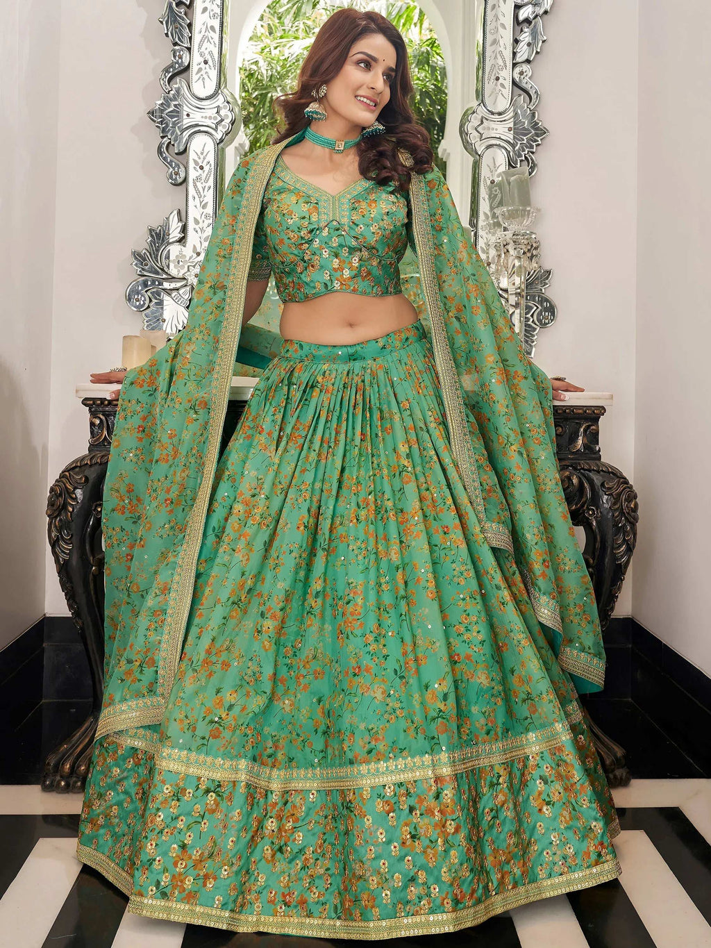 Tulsi Art Mesmerizing Green Floral Printed Organza Mehendi Wear Lehenga Choli | Grocsy
