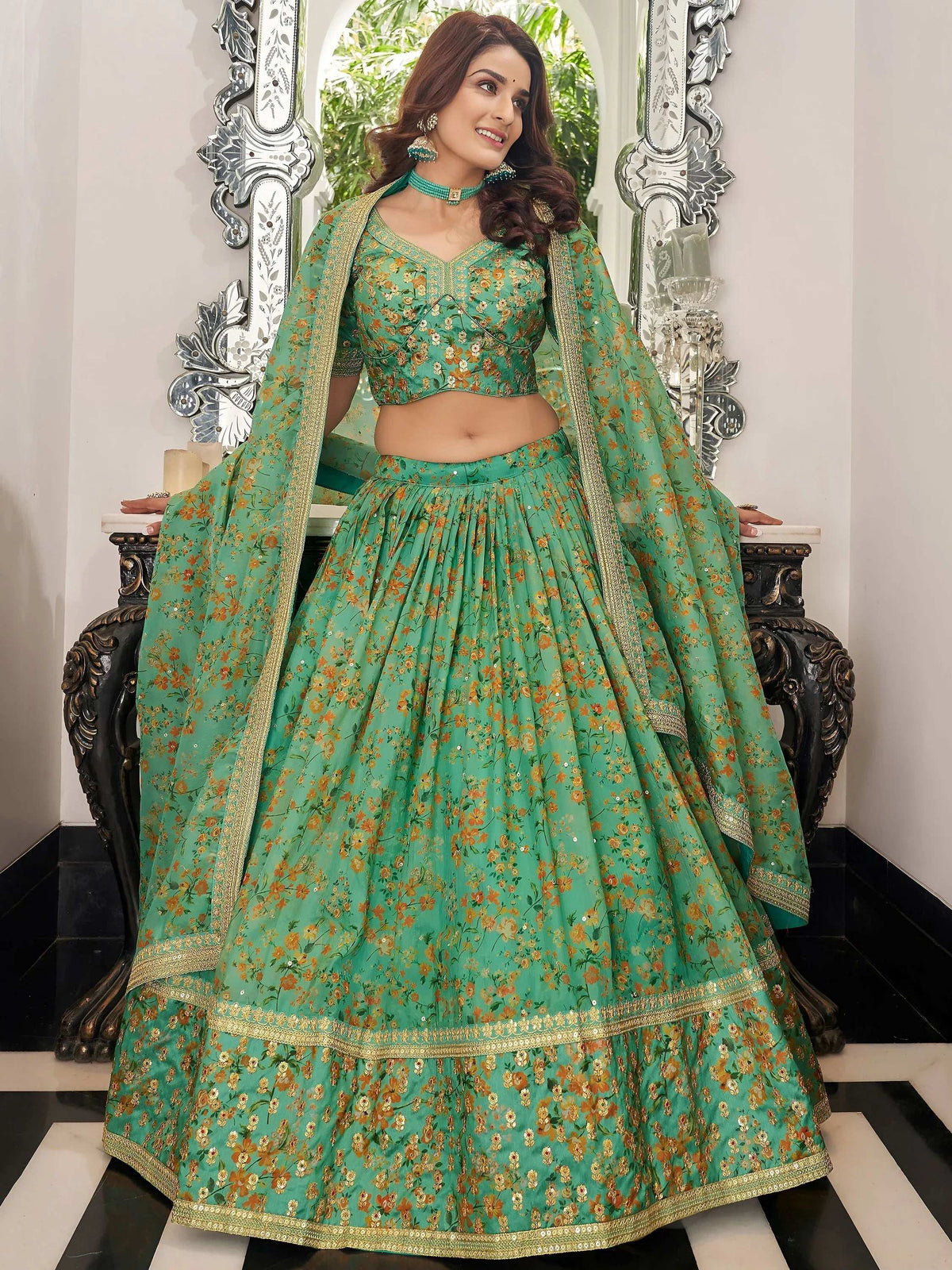 Tulsi Art Mesmerizing Green Floral Printed Organza Mehendi Wear Lehenga Choli | Grocsy