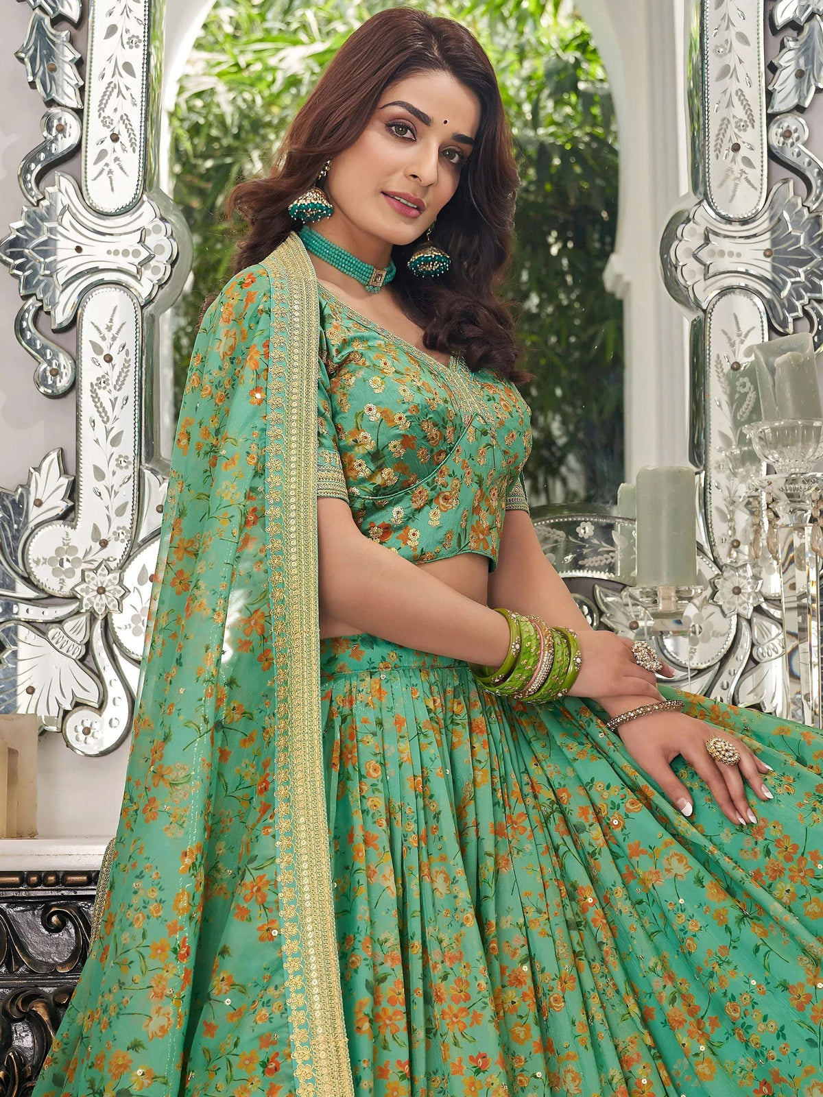 Tulsi Art Mesmerizing Green Floral Printed Organza Mehendi Wear Lehenga Choli | Grocsy