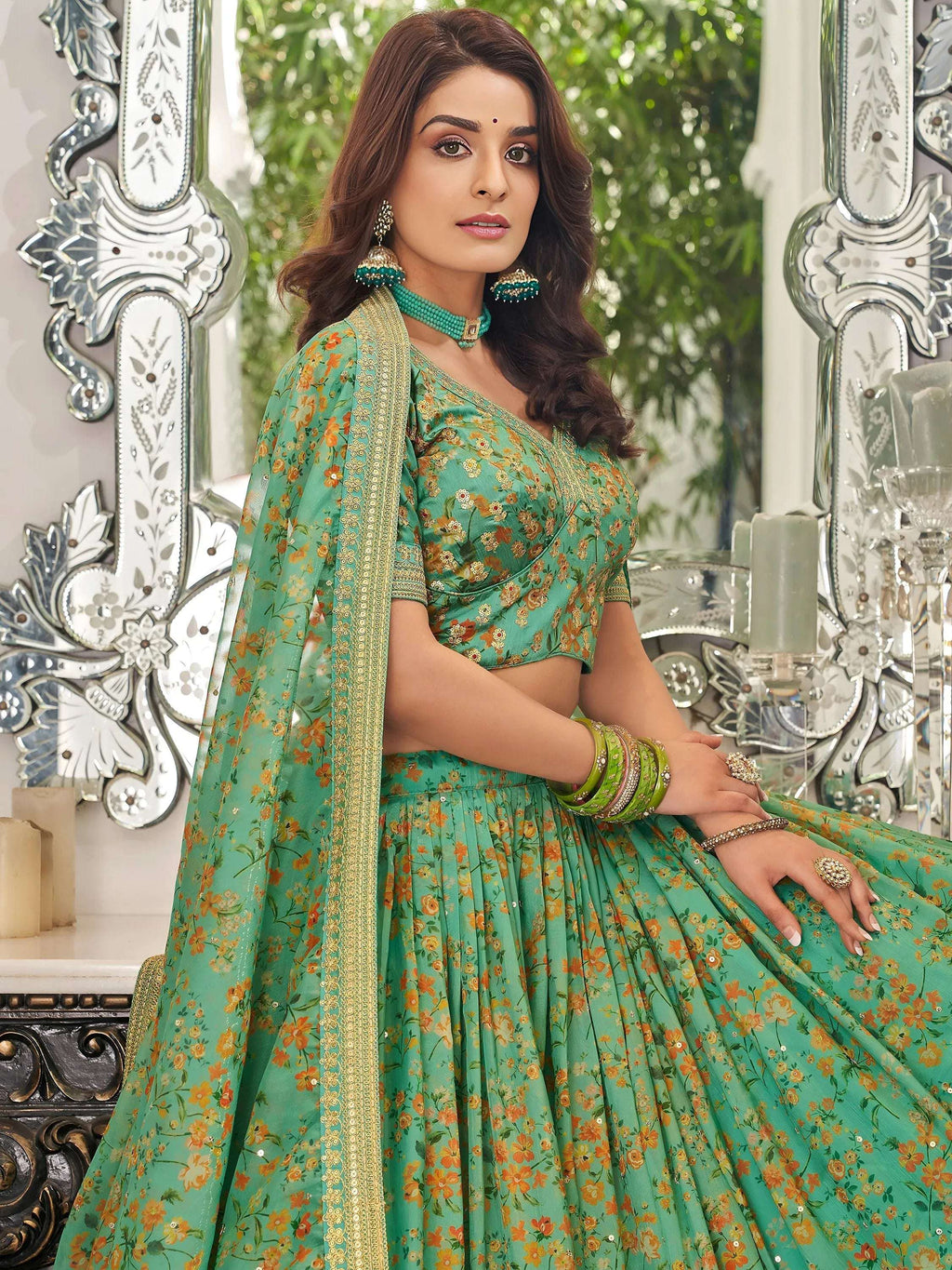 Tulsi Art Mesmerizing Green Floral Printed Organza Mehendi Wear Lehenga Choli | Grocsy