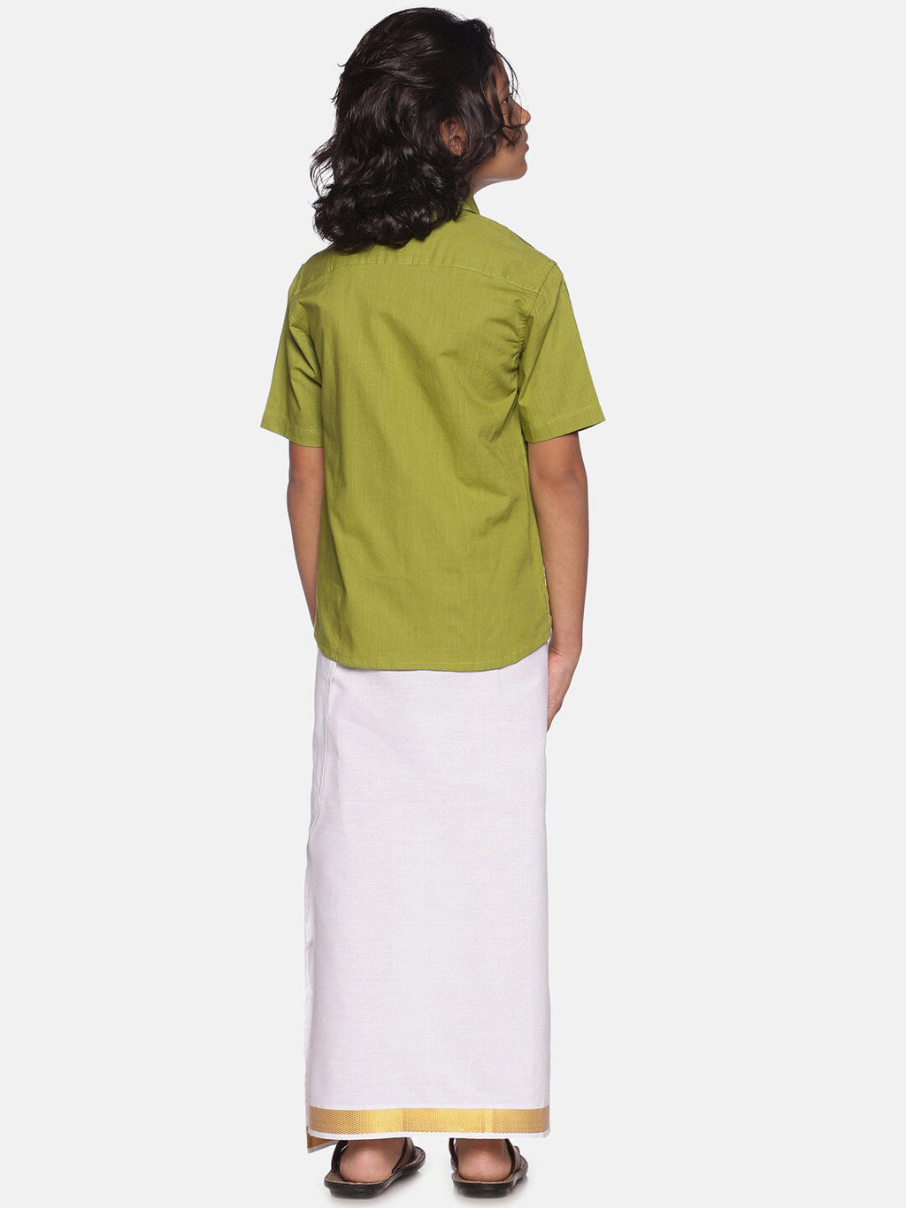 Sethukrishna Boys Green & White Solid Pure Cotton Shirt with Readymade Dhoti | Grocsy