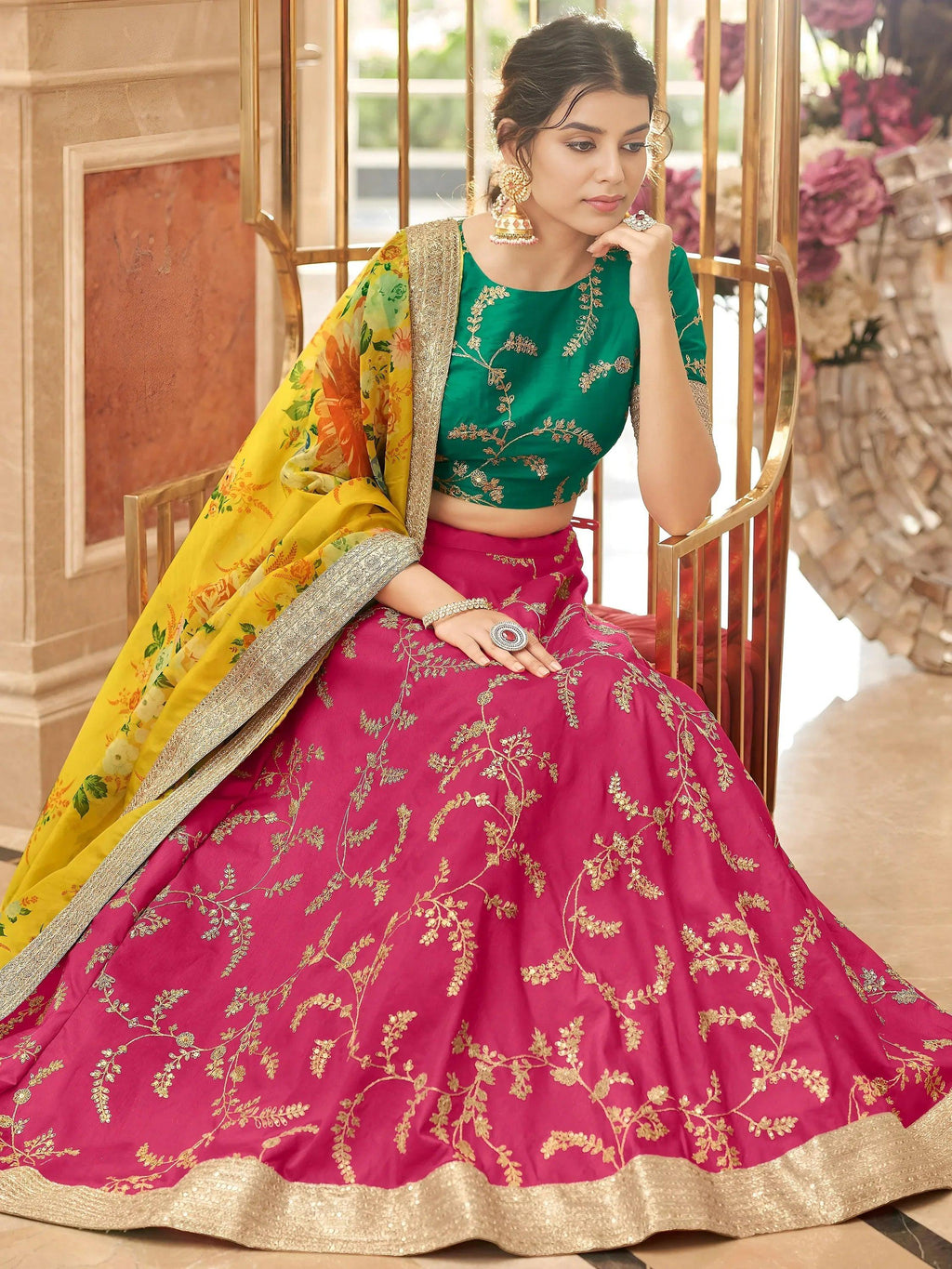 Tulsi Art Fascinating Pink Sequins Work Art Silk Lehenga Choli With Dupatta | Grocsy