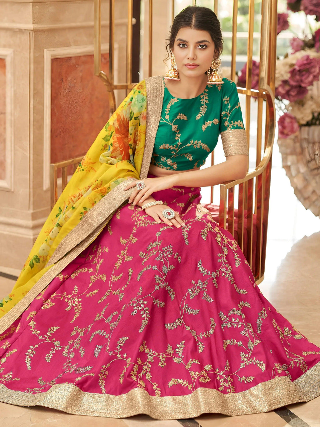 Tulsi Art Fascinating Pink Sequins Work Art Silk Lehenga Choli With Dupatta | Grocsy