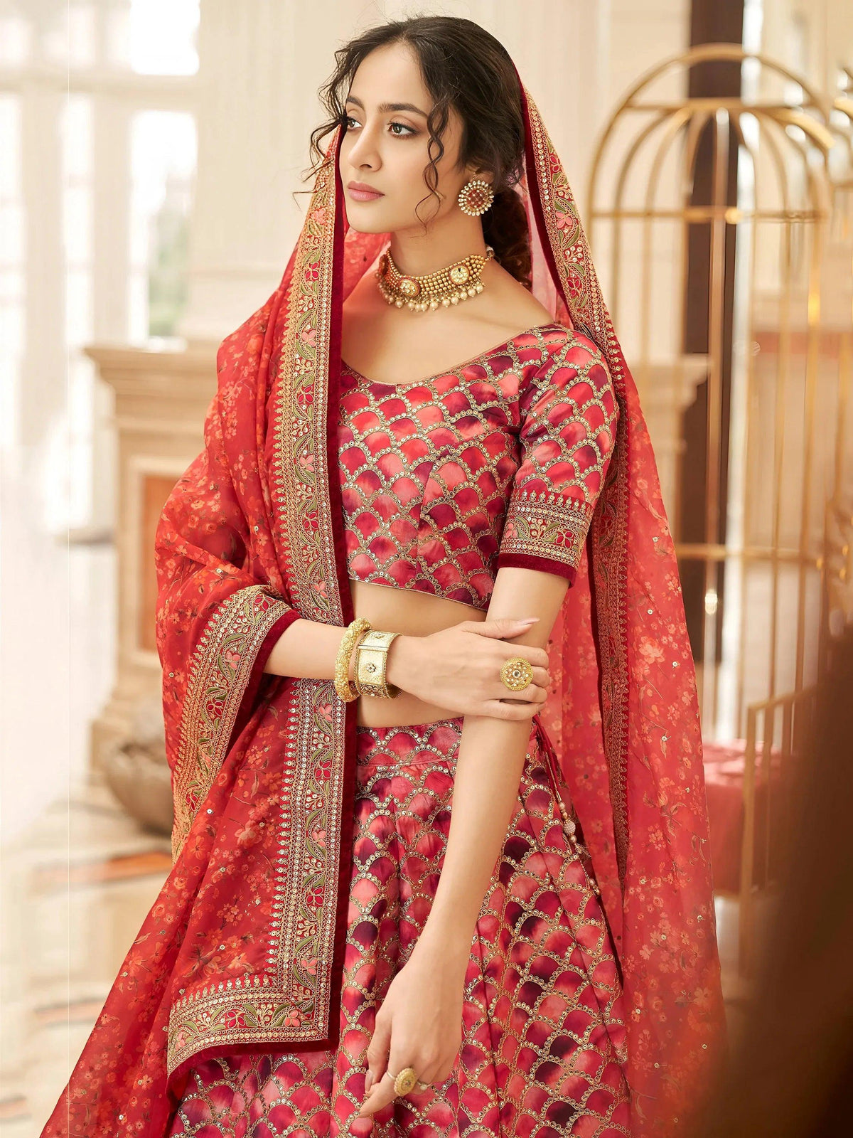 Tulsi Art Astonishing Red Embroidered Art Silk Bridesmaid Lehenga Choli | Grocsy