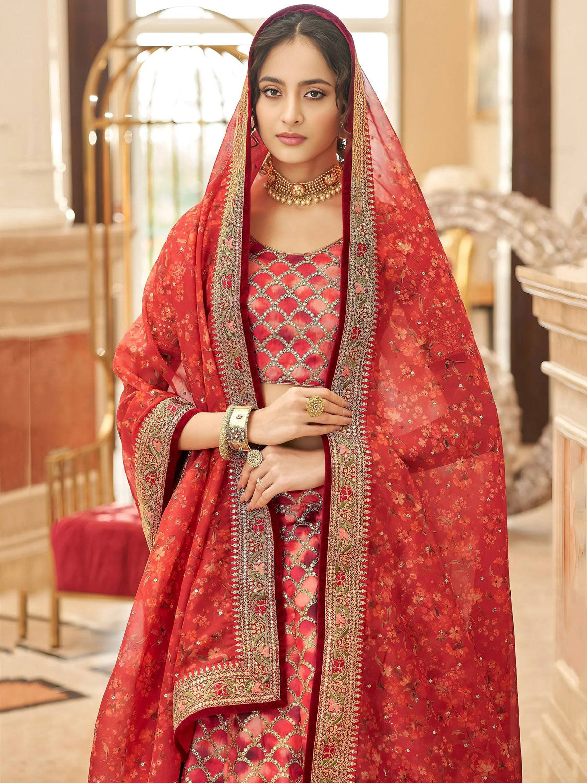 Tulsi Art Astonishing Red Embroidered Art Silk Bridesmaid Lehenga Choli | Grocsy