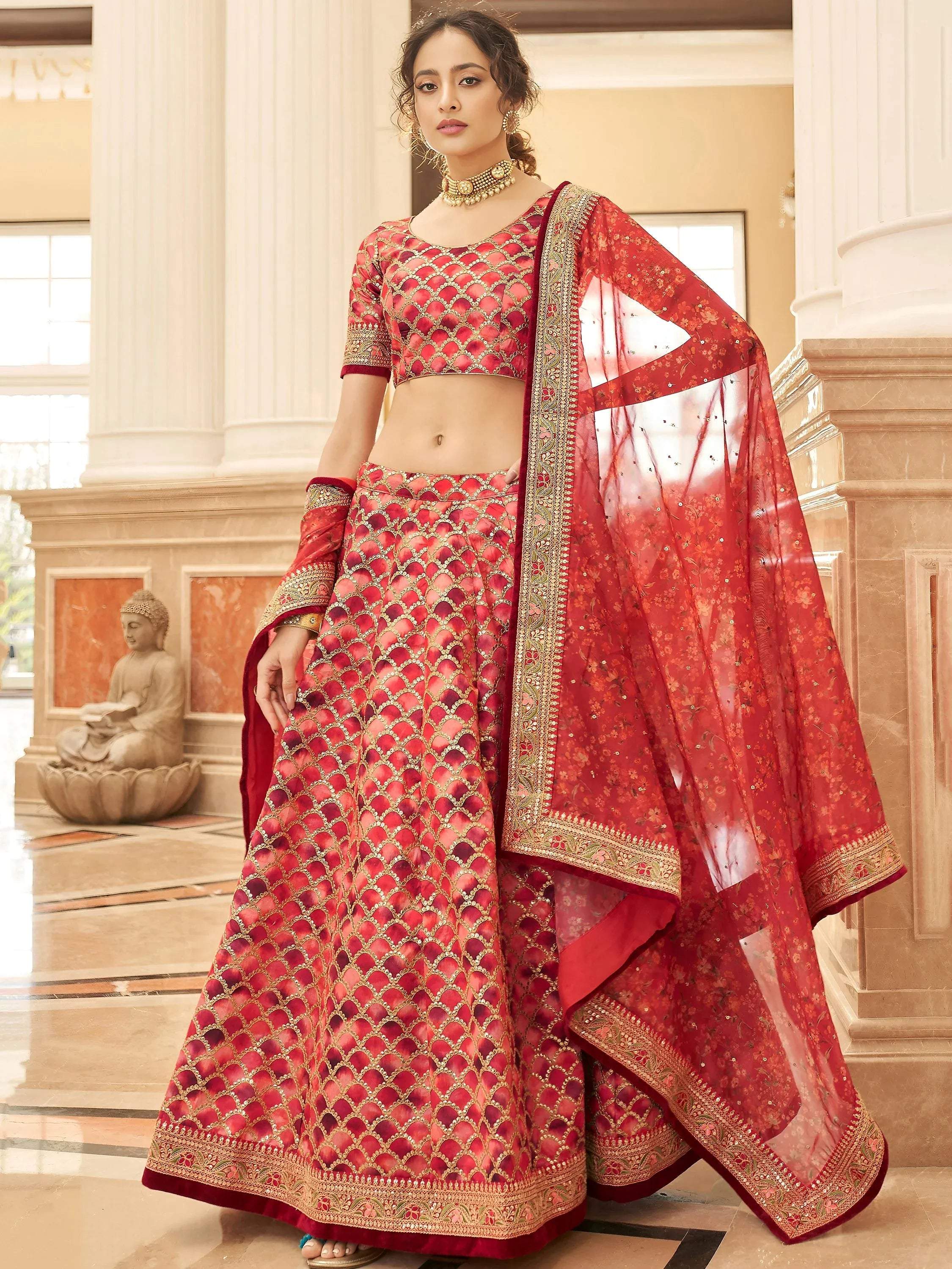 Tulsi Art Astonishing Red Embroidered Art Silk Bridesmaid Lehenga Choli | Grocsy