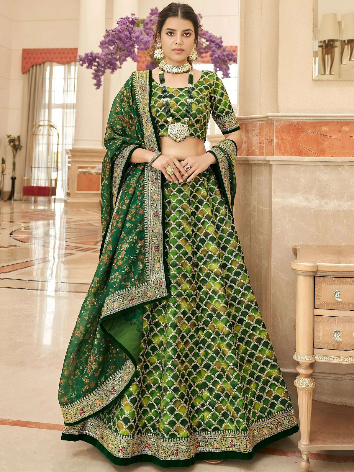 Tulsi Art Marvelous Green Embroidered Art Silk Engagement Wear Lehenga Choli | Grocsy