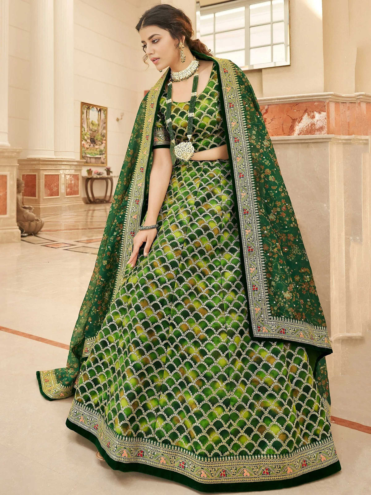 Tulsi Art Marvelous Green Embroidered Art Silk Engagement Wear Lehenga Choli | Grocsy