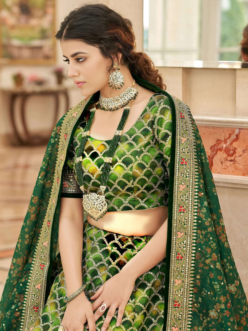 Tulsi Art Marvelous Green Embroidered Art Silk Engagement Wear Lehenga Choli | Grocsy