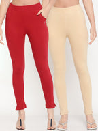 TAG 7 Women Set Of 2 Solid Beige & Red Leggings | Grocsy