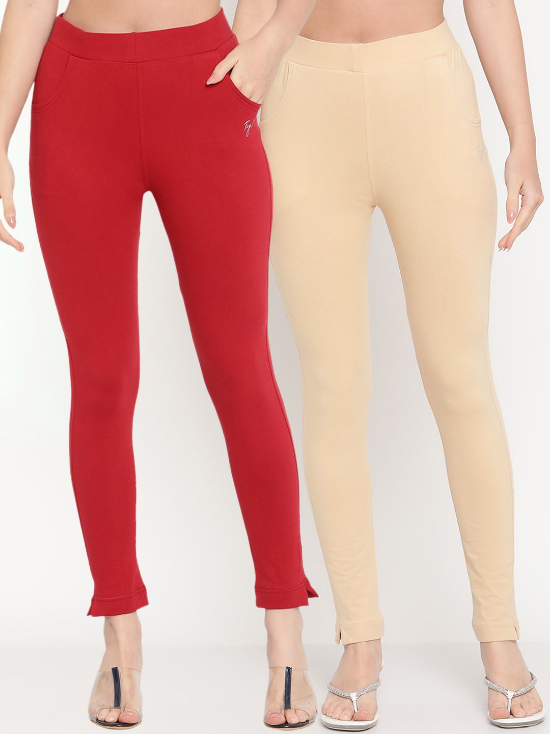 TAG 7 Women Set Of 2 Solid Beige & Red Leggings | Grocsy