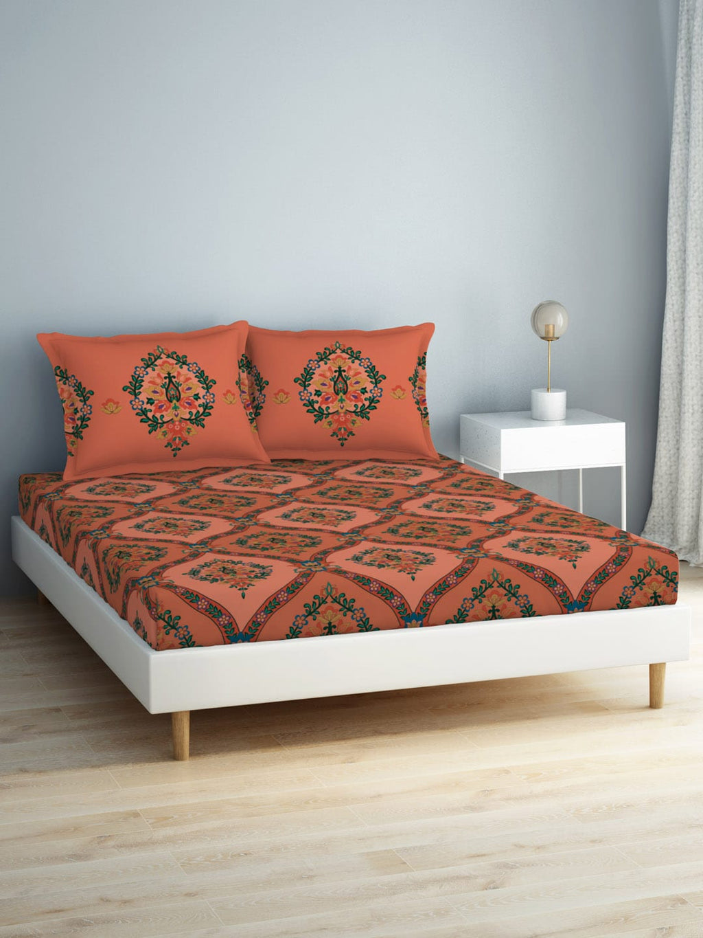 SPACES Aurum Peach Ethnic Motifs Pure Cotton 140 TC Queen Bedsheet with 2 Pillow Covers | Grocsy