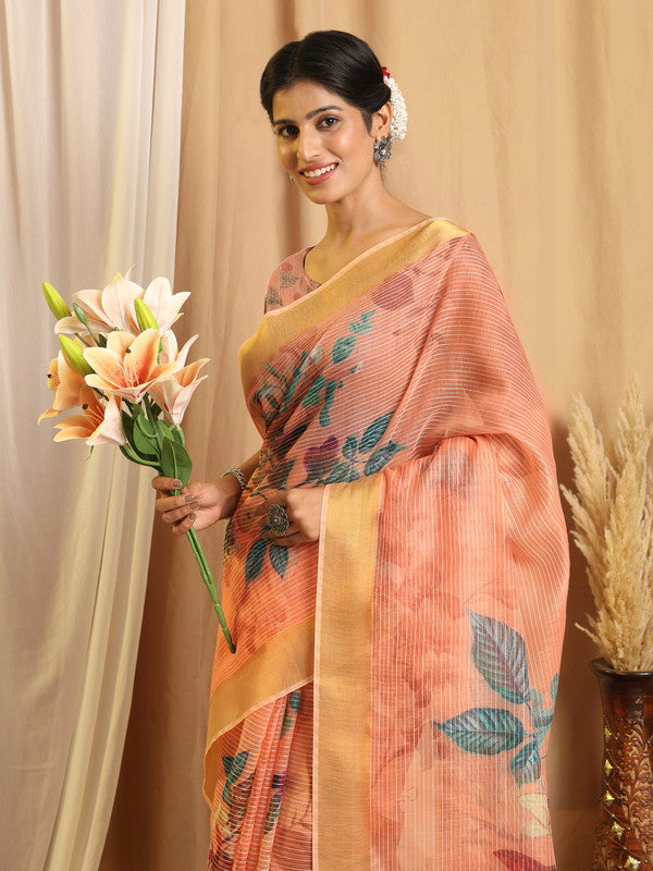 Shivam Fabrics Pink Chanderi Fabric Printed Saree | Grocsy