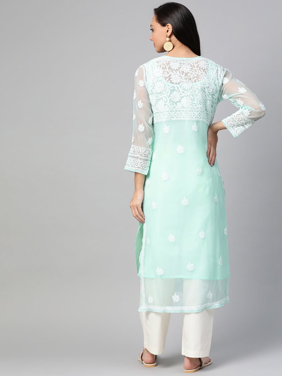 ADA Women Sea Green & White Chikankari Hand Embroidered Straight Sustainable Handloom Kurta | Grocsy