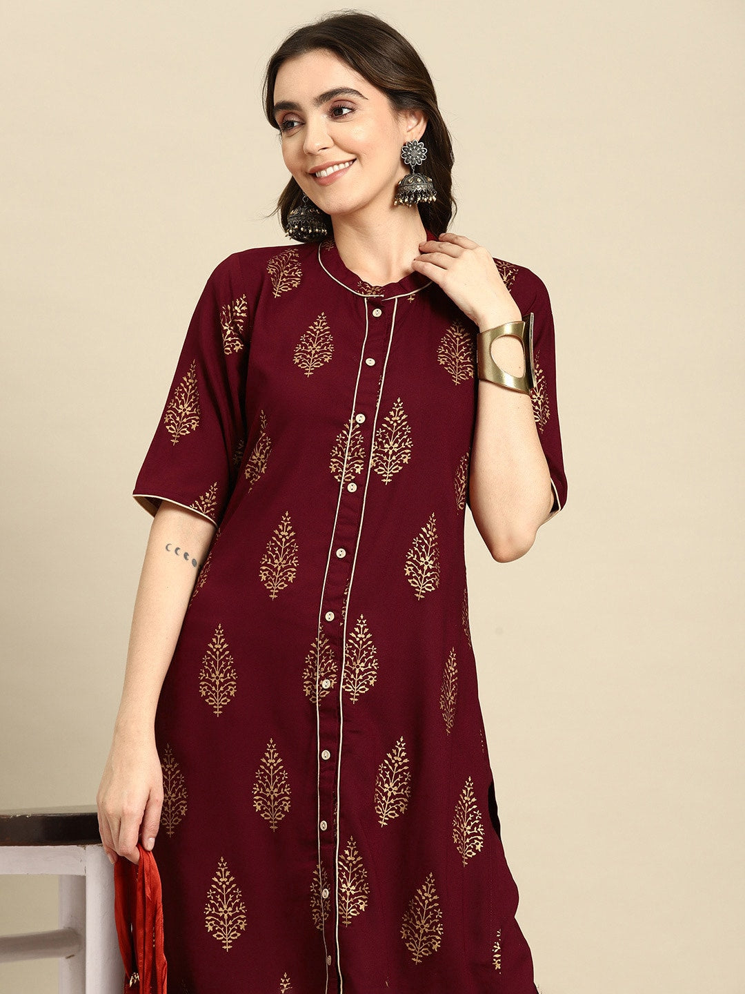 Sangria Ethnic Motifs Printed Pure Cotton Kurta With Palazzos | Grocsy