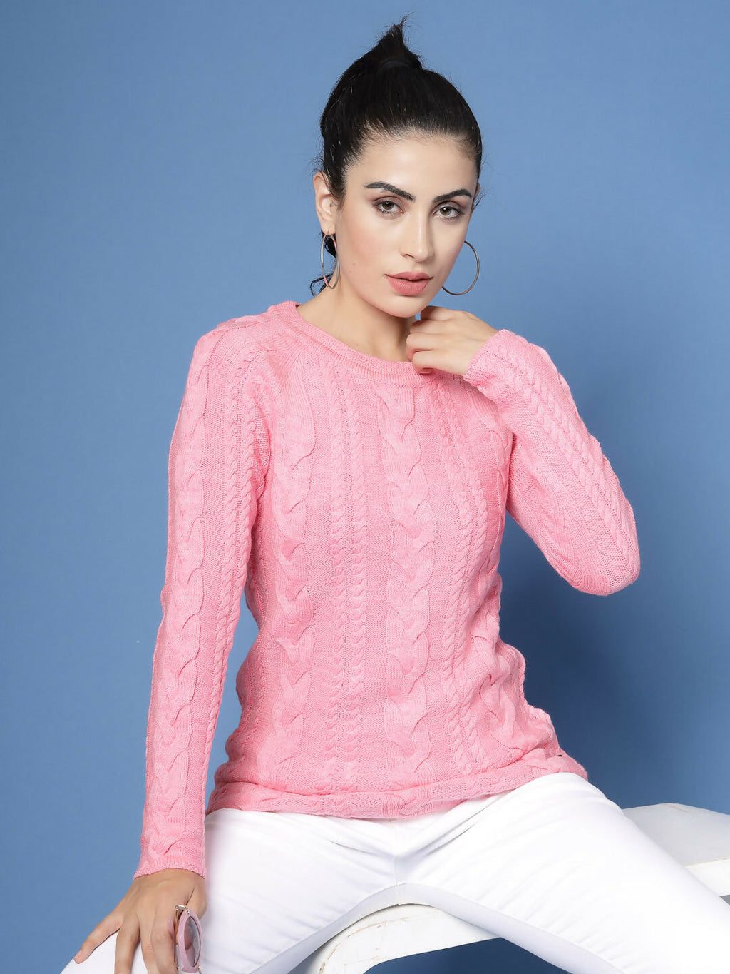 Women Pink Acrylic Self Design Winter Dress - Wool Trees | Grocsy