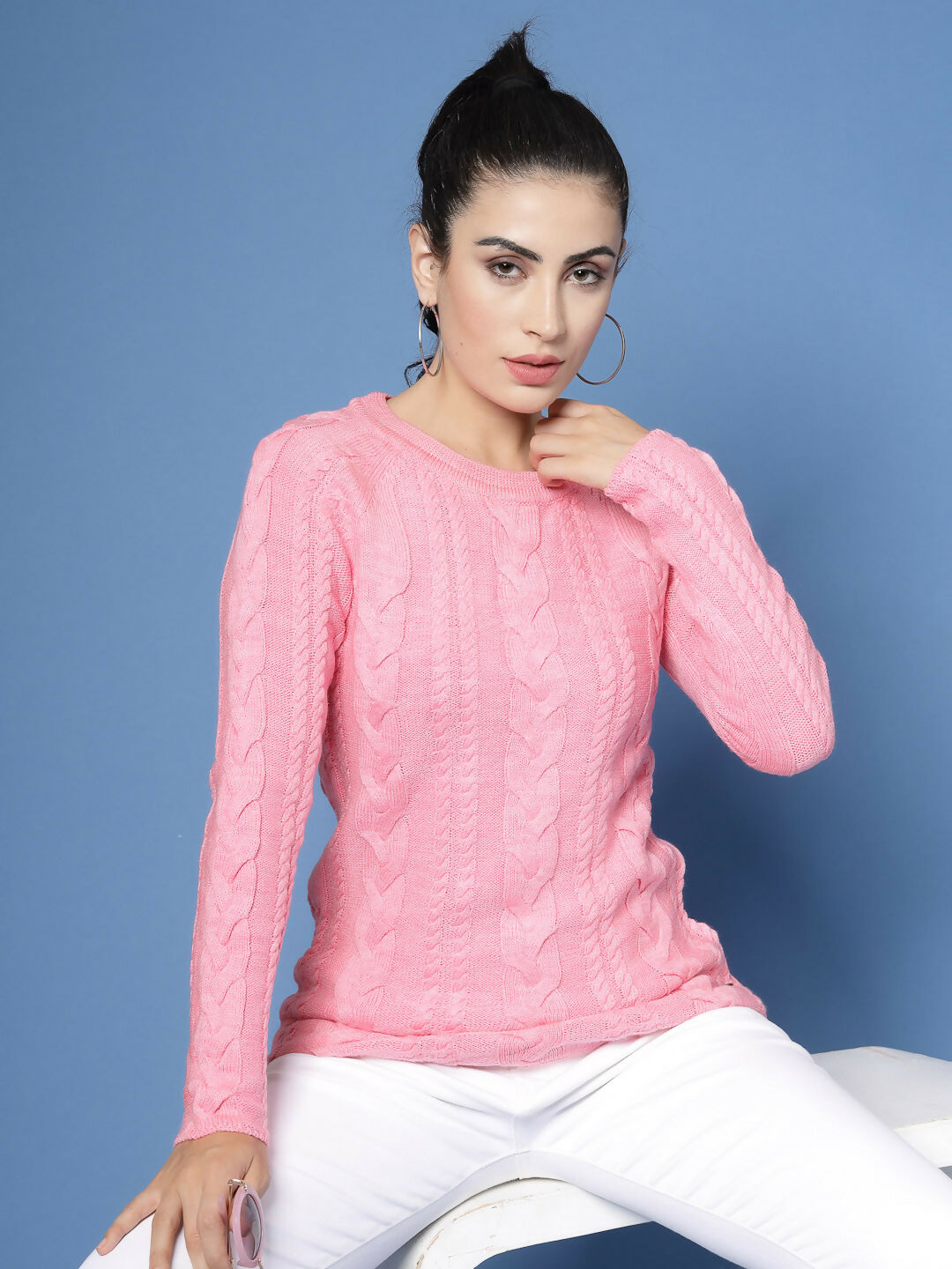 Women Pink Acrylic Self Design Winter Dress - Wool Trees | Grocsy