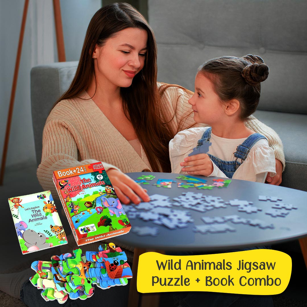 Advit toys Wild Animals Jigsaw Puzzle Game for Kids Age 3 to 5 Years | Educational Puzzle Game to Improve Focus, Memory & Learning Skills (24 Pieces + Book) | Grocsy