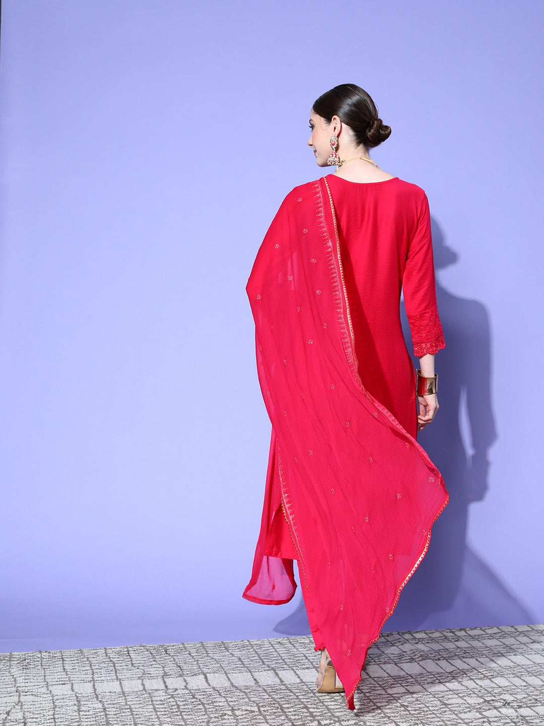 Sangria Floral Embroidered Regular Sequinned Kurta with Trousers & With Dupatta | Grocsy