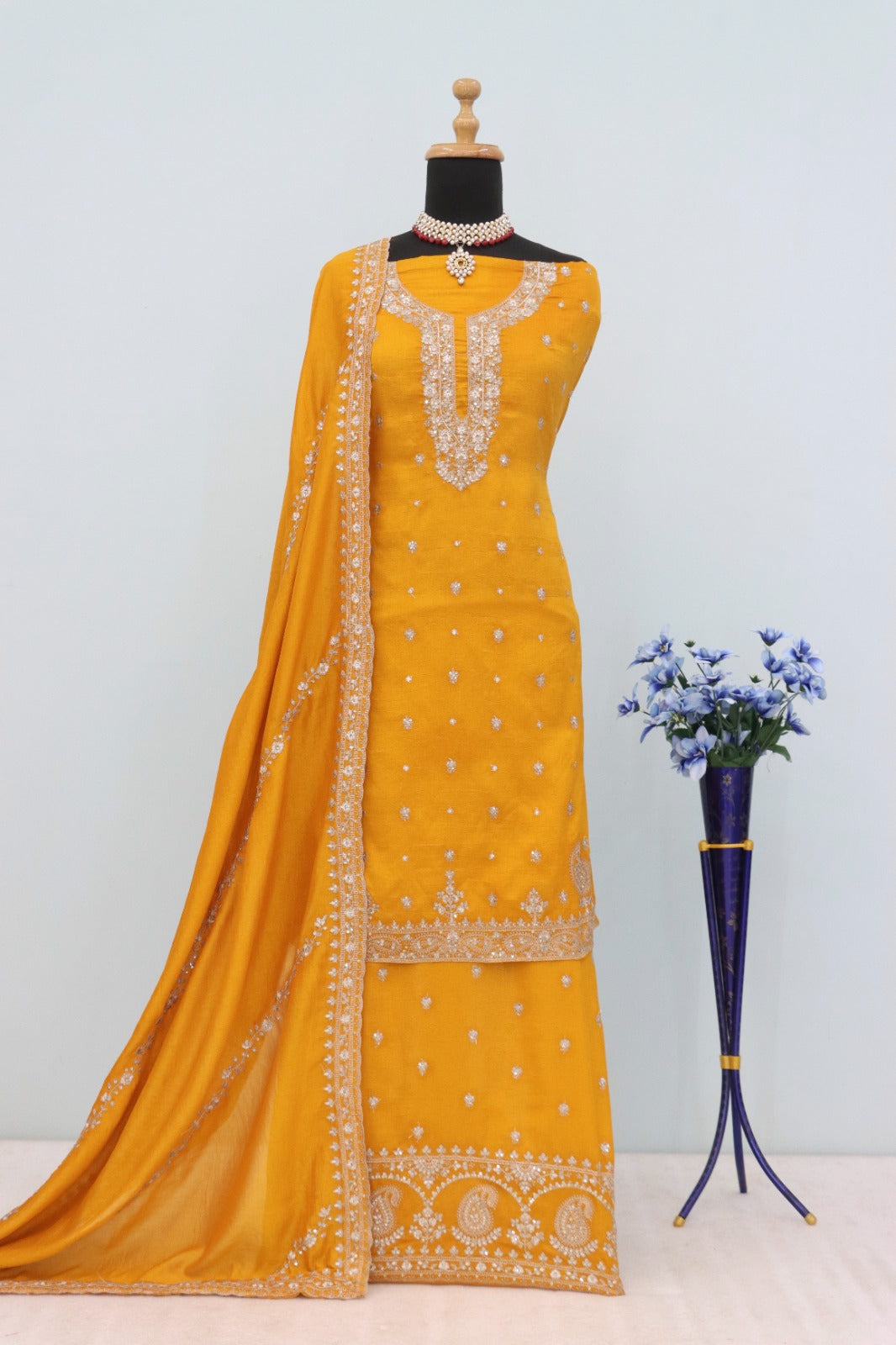 Anaita Yellow Heavy Vichitra Silk Suit With Sequence & Multi Work | Grocsy