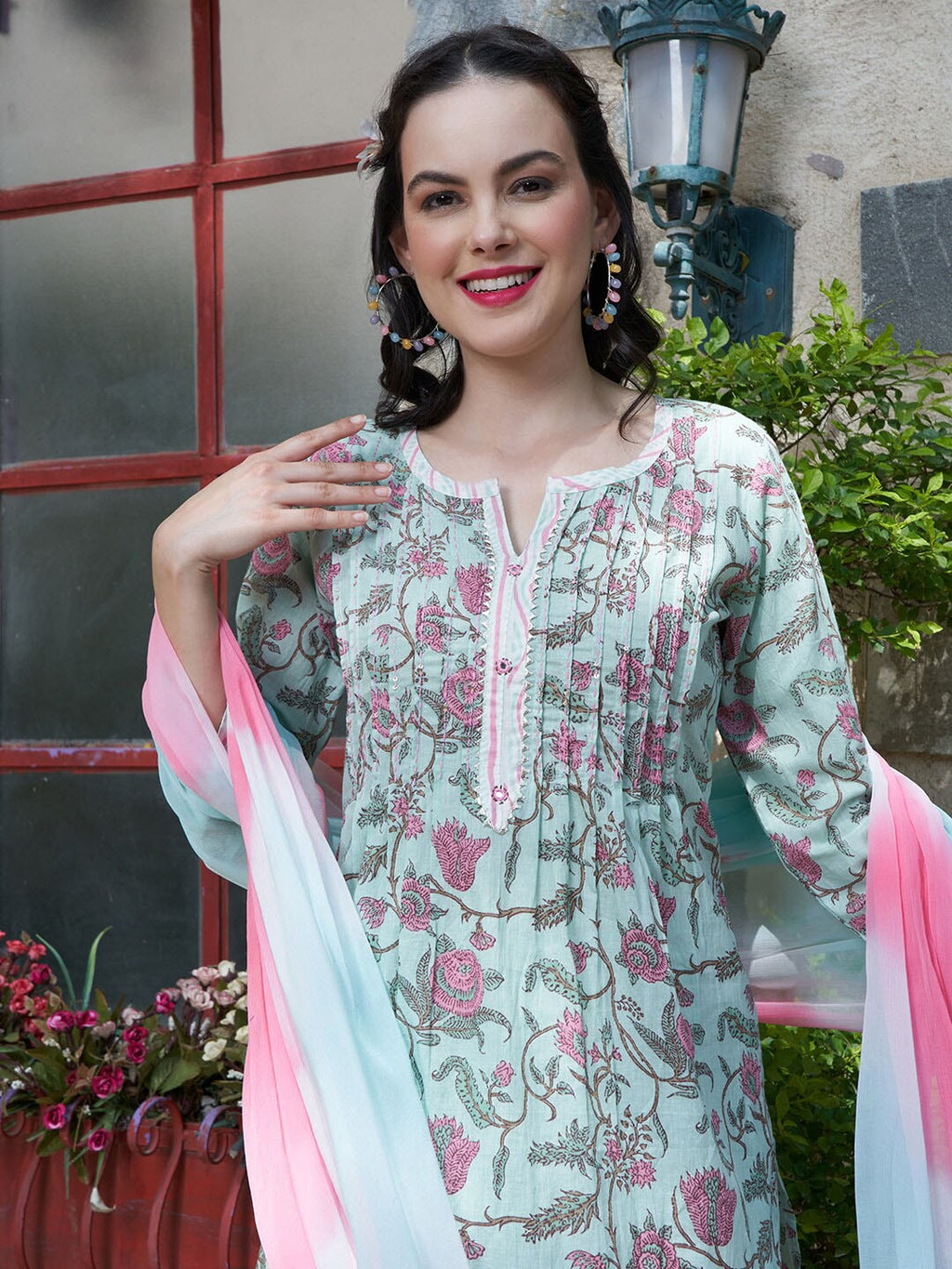 Sangria Printed Pure Cotton Straight Kurta With Trouser & Dupatta | Grocsy