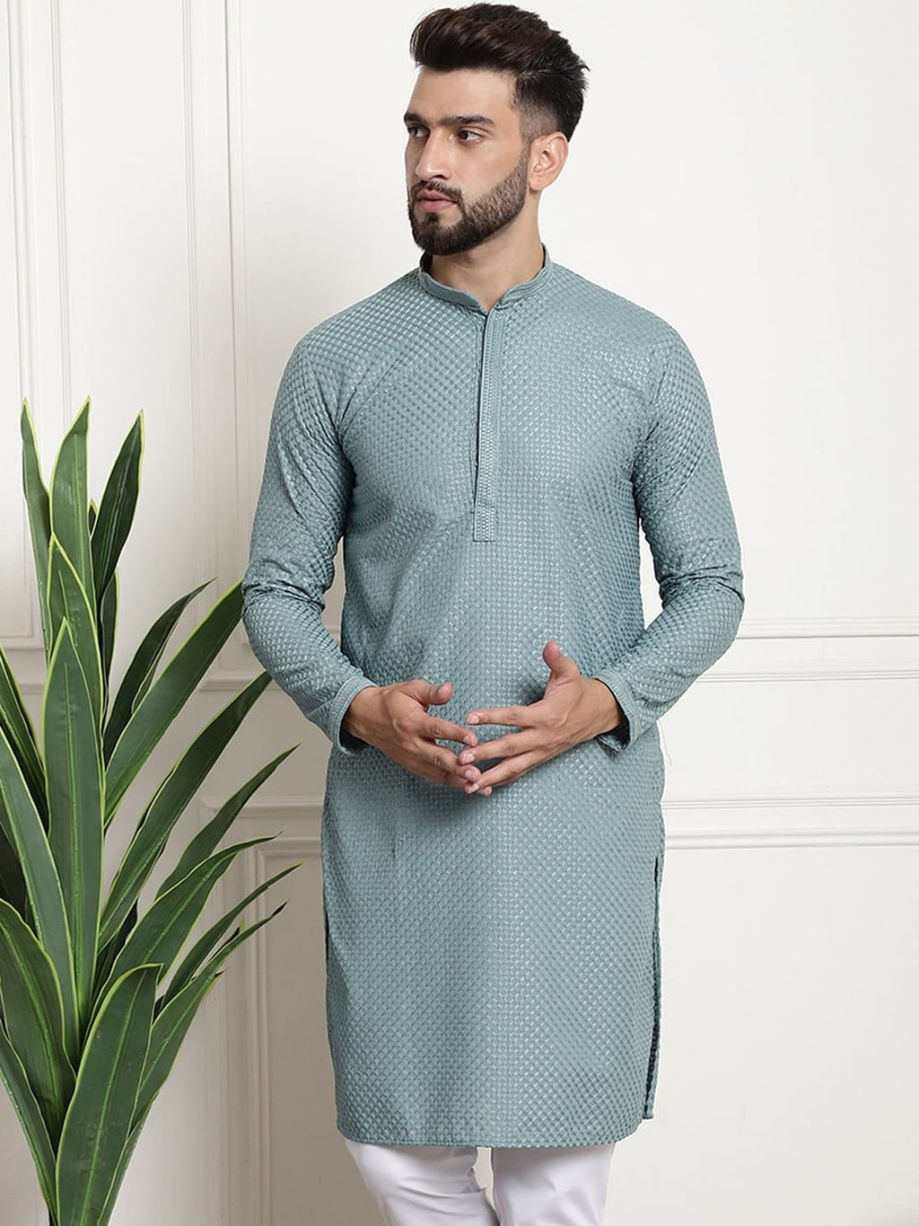 Sojanya Woven Design Mandarin Collar Straight Cotton Kurta | Grocsy