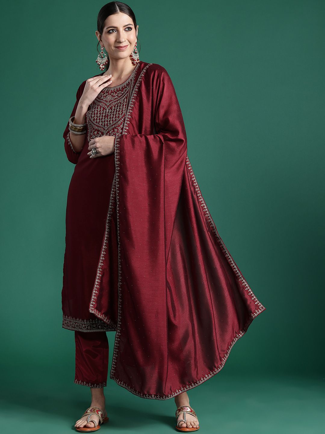 Indo Era Ethnic Motifs Yoke Design Sequinned Kurta with Trousers & Dupatta | Grocsy