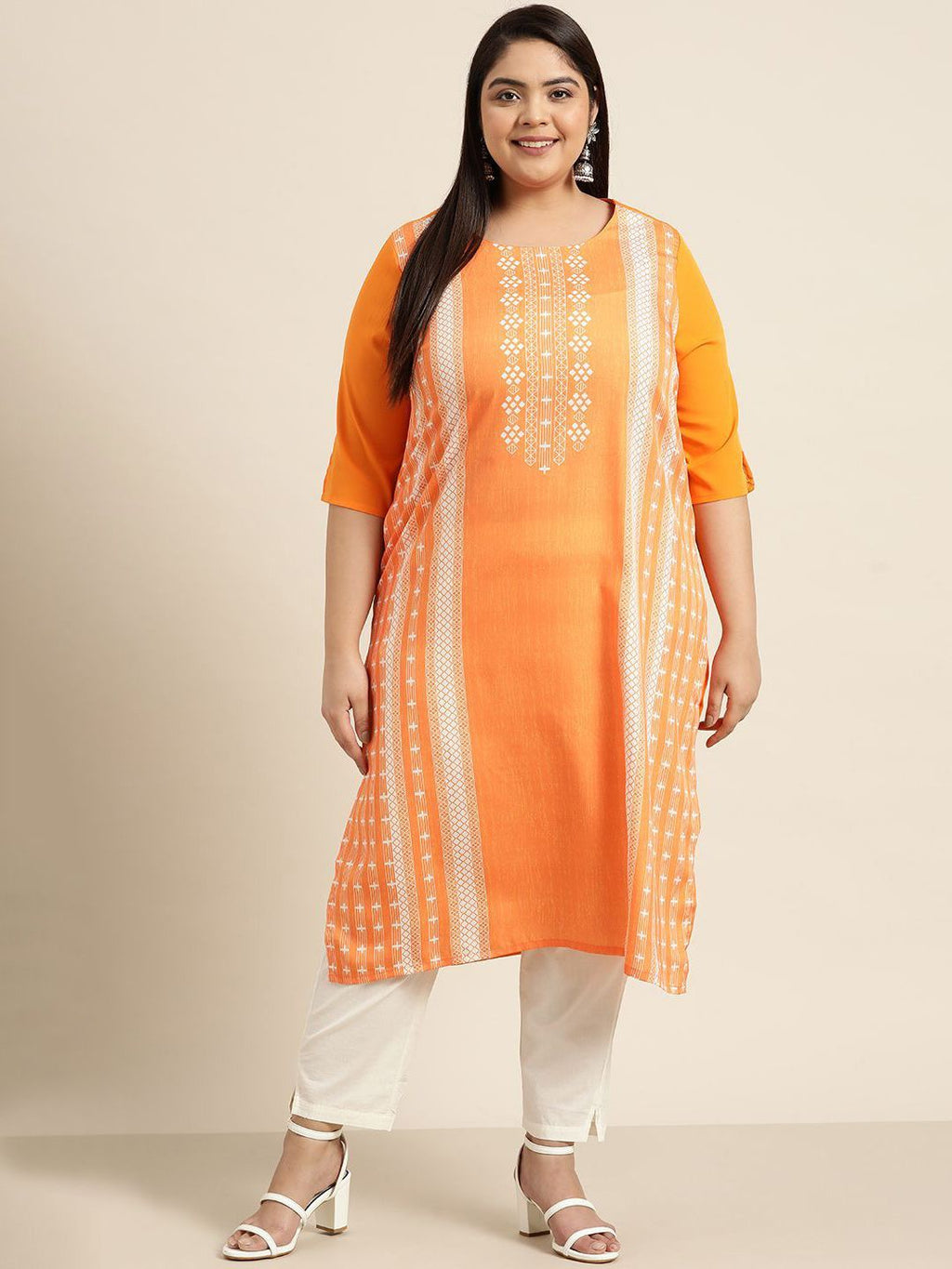 Sztori Plus Size Geometric Printed Round Neck Straight Kurta | Grocsy