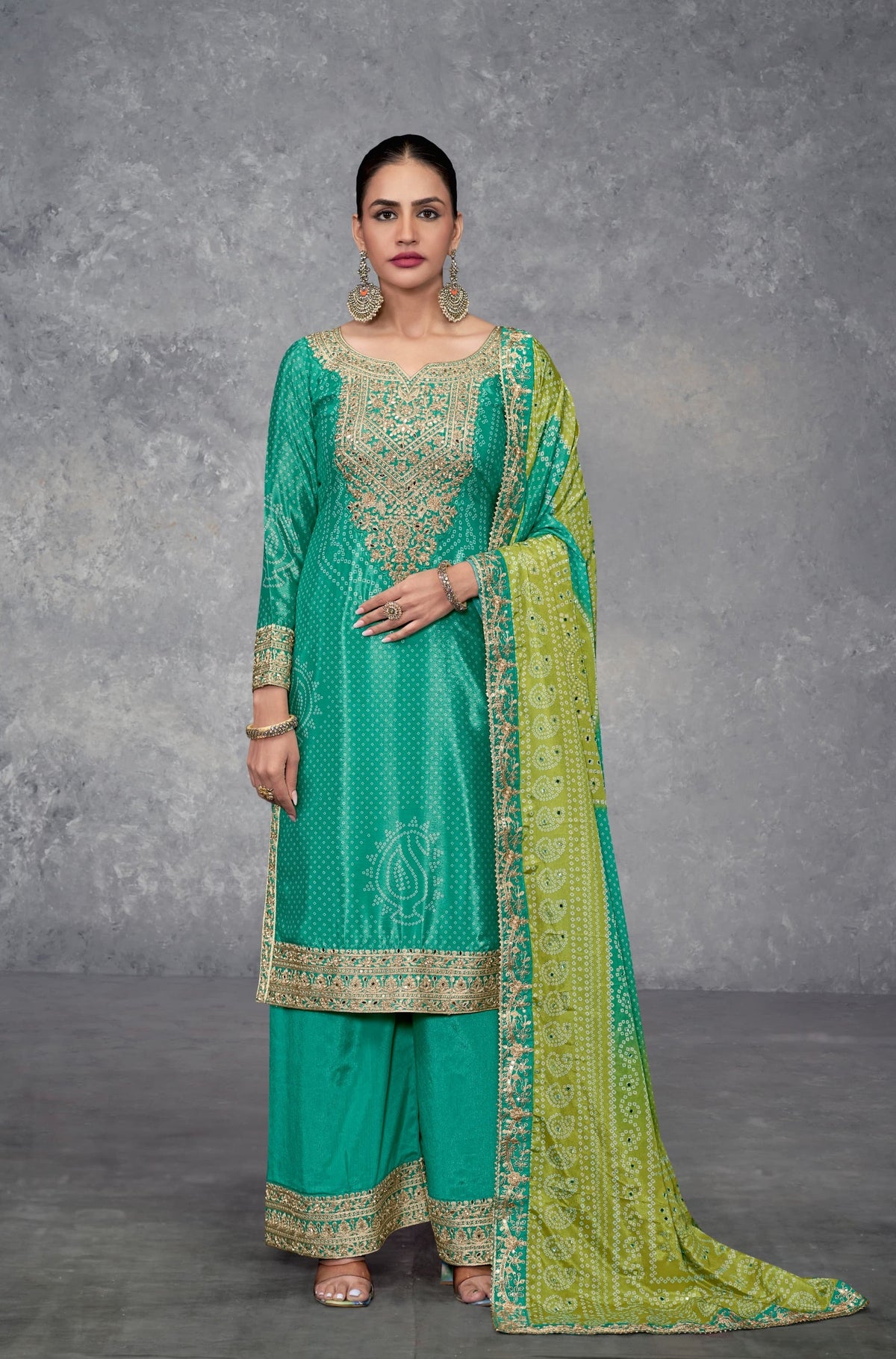 Anaita Turquoise Digital Printed Chinon Embroidered Sequence Work Ready Made Suit | Grocsy