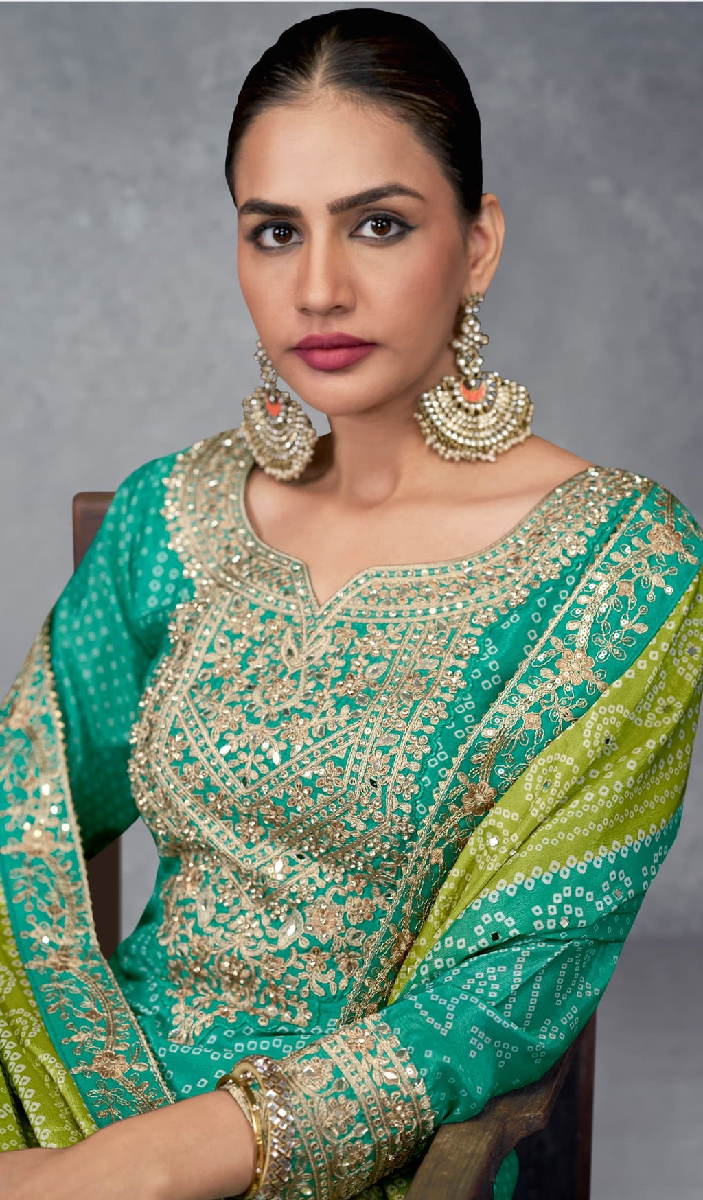 Anaita Turquoise Digital Printed Chinon Embroidered Sequence Work Ready Made Suit | Grocsy