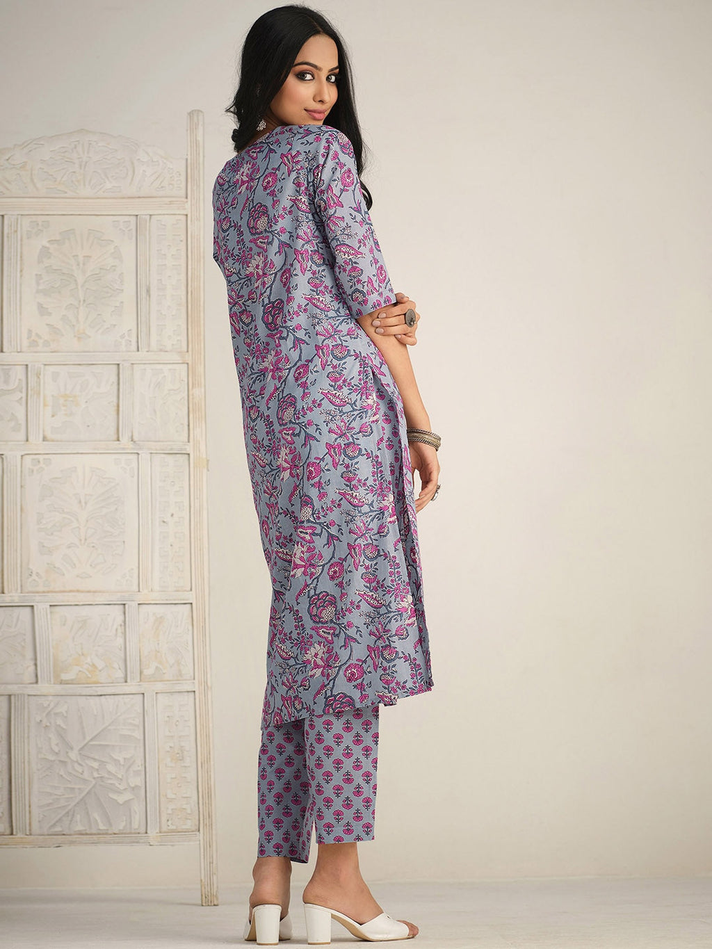 Sangria Floral Printed Gotta Patti Kurta With Trouser & Dupatta | Grocsy