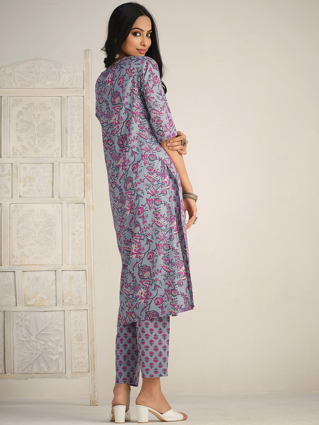 Sangria Floral Printed Gotta Patti Kurta With Trouser & Dupatta | Grocsy