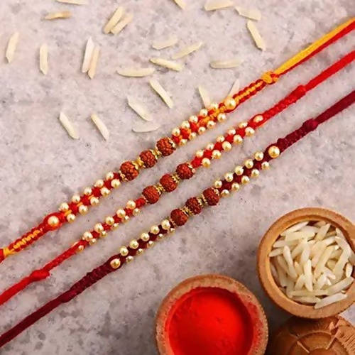 Set of 3 Sleek Rudraksha Rakhi and Soan Papdi | Grocsy