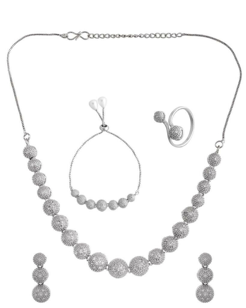 VOJ Silver Plated AD studded Necklace, Earrings With Ring And bracelet | Grocsy