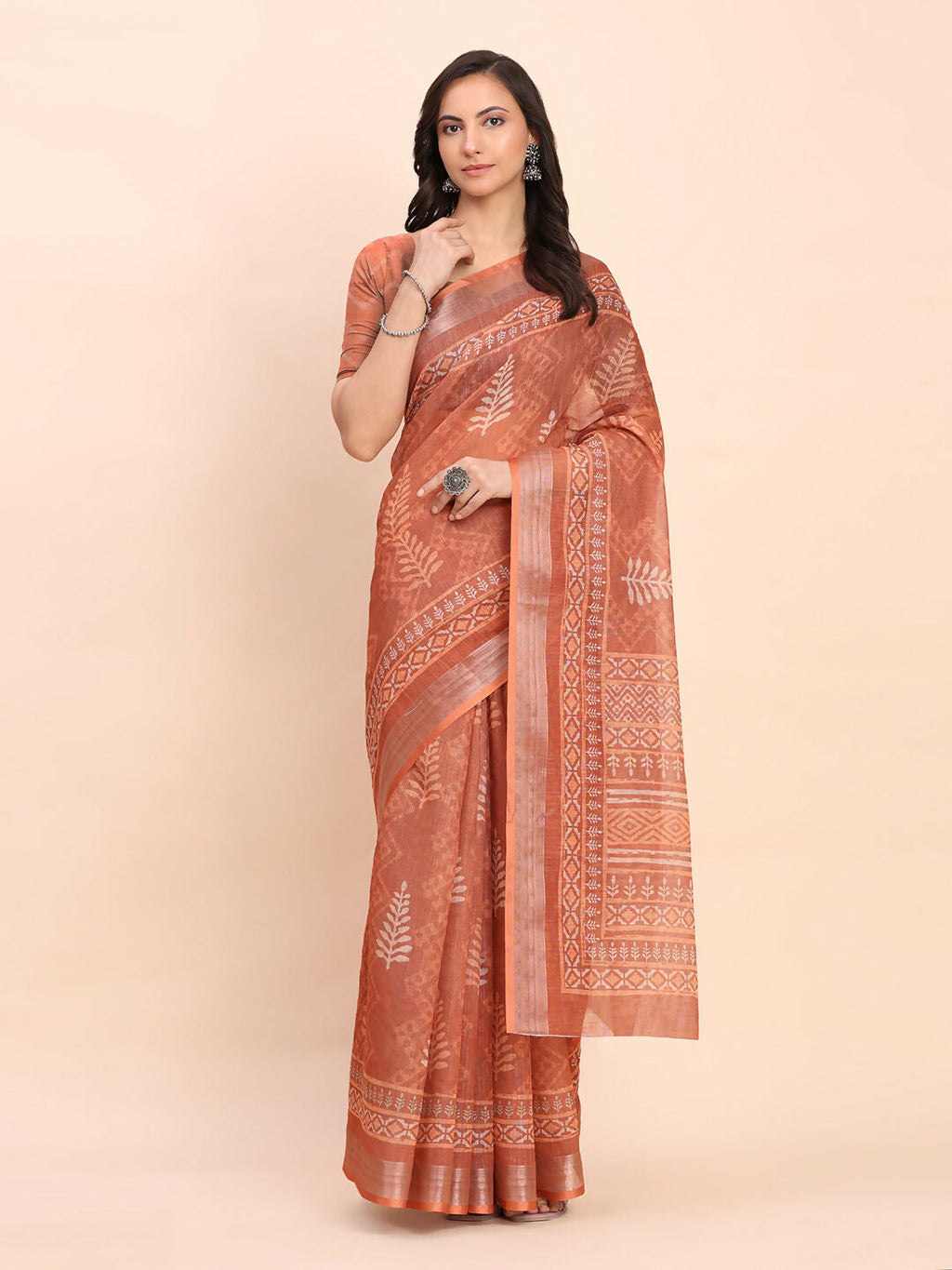 Shree Shyam Fashion Linen Cotton Rust Saree | Grocsy