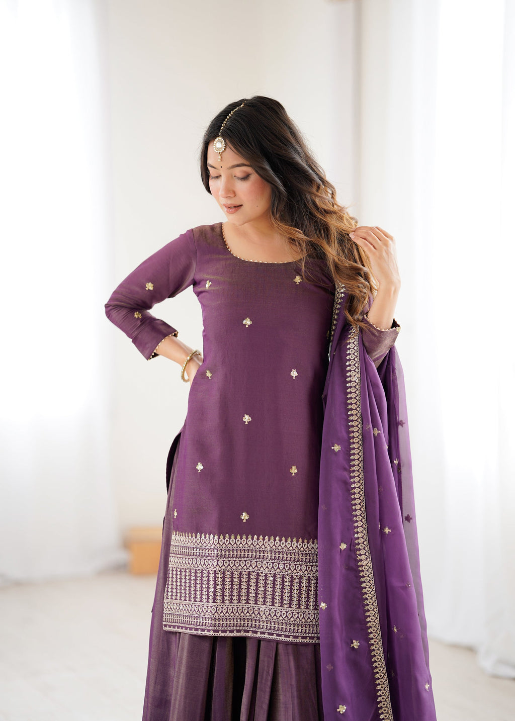 Lorenvalley Fashion Purple Roman Shimmer Chanderi Silk with Embroidery Jari Work Kurta Lehenga with Dupatta | Grocsy
