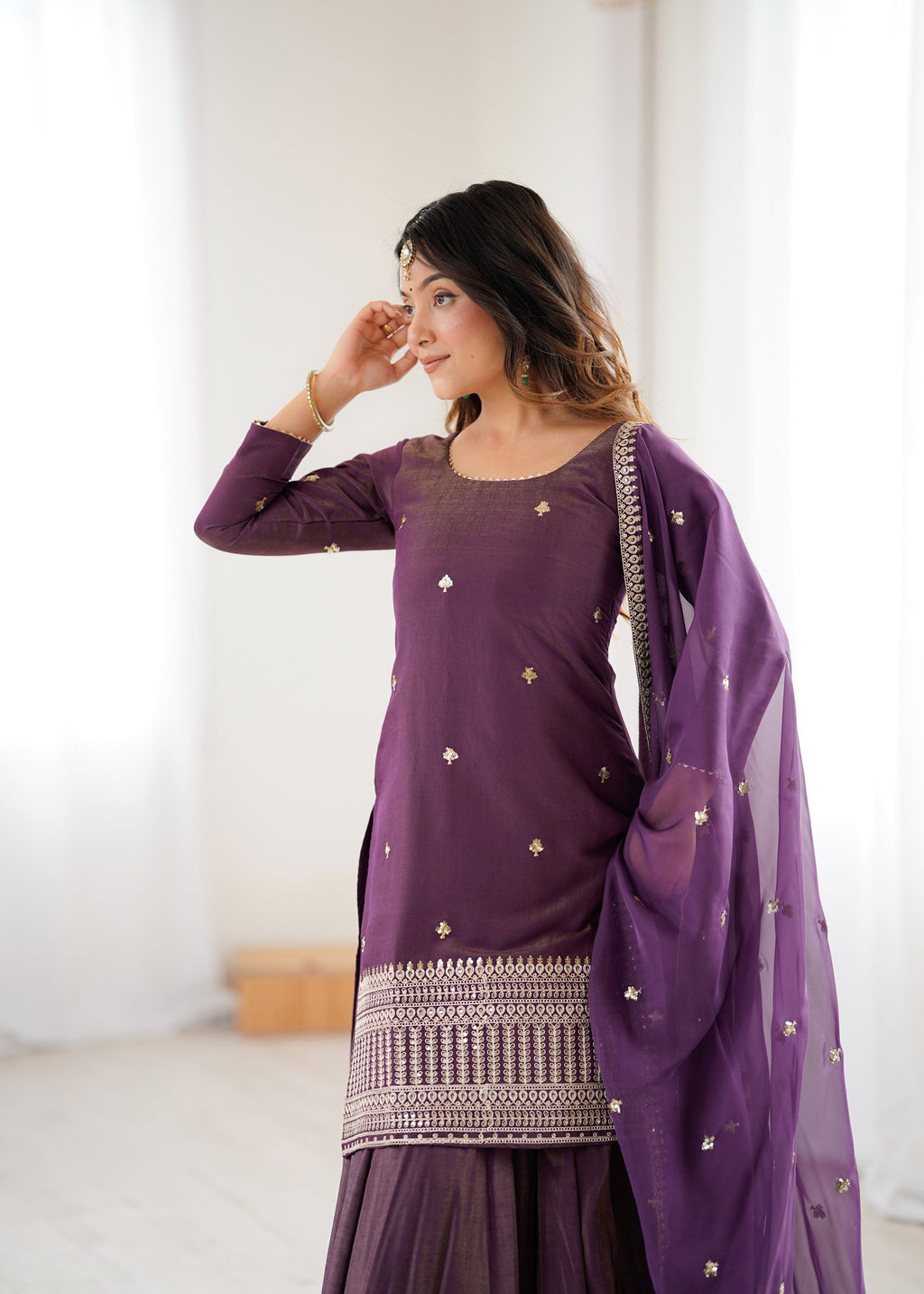 Lorenvalley Fashion Purple Roman Shimmer Chanderi Silk with Embroidery Jari Work Kurta Lehenga with Dupatta | Grocsy