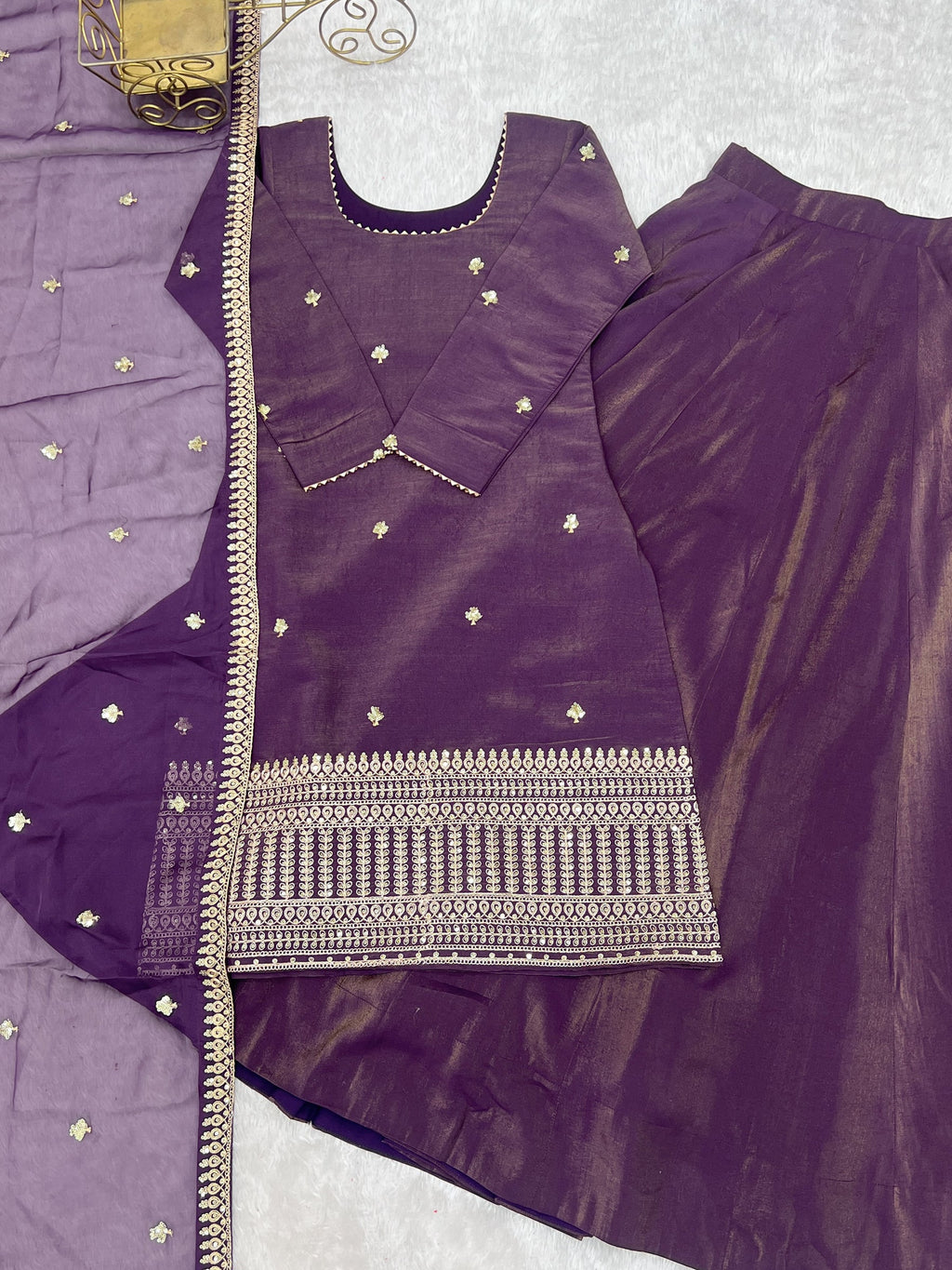 Lorenvalley Fashion Purple Roman Shimmer Chanderi Silk with Embroidery Jari Work Kurta Lehenga with Dupatta | Grocsy