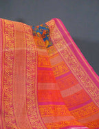Multi Shades Of Peacock Blue Kalamkaari Design Semi Chanderi Saree With Contrast Blouse By Gayathri Reddy Designer Studio | Grocsy