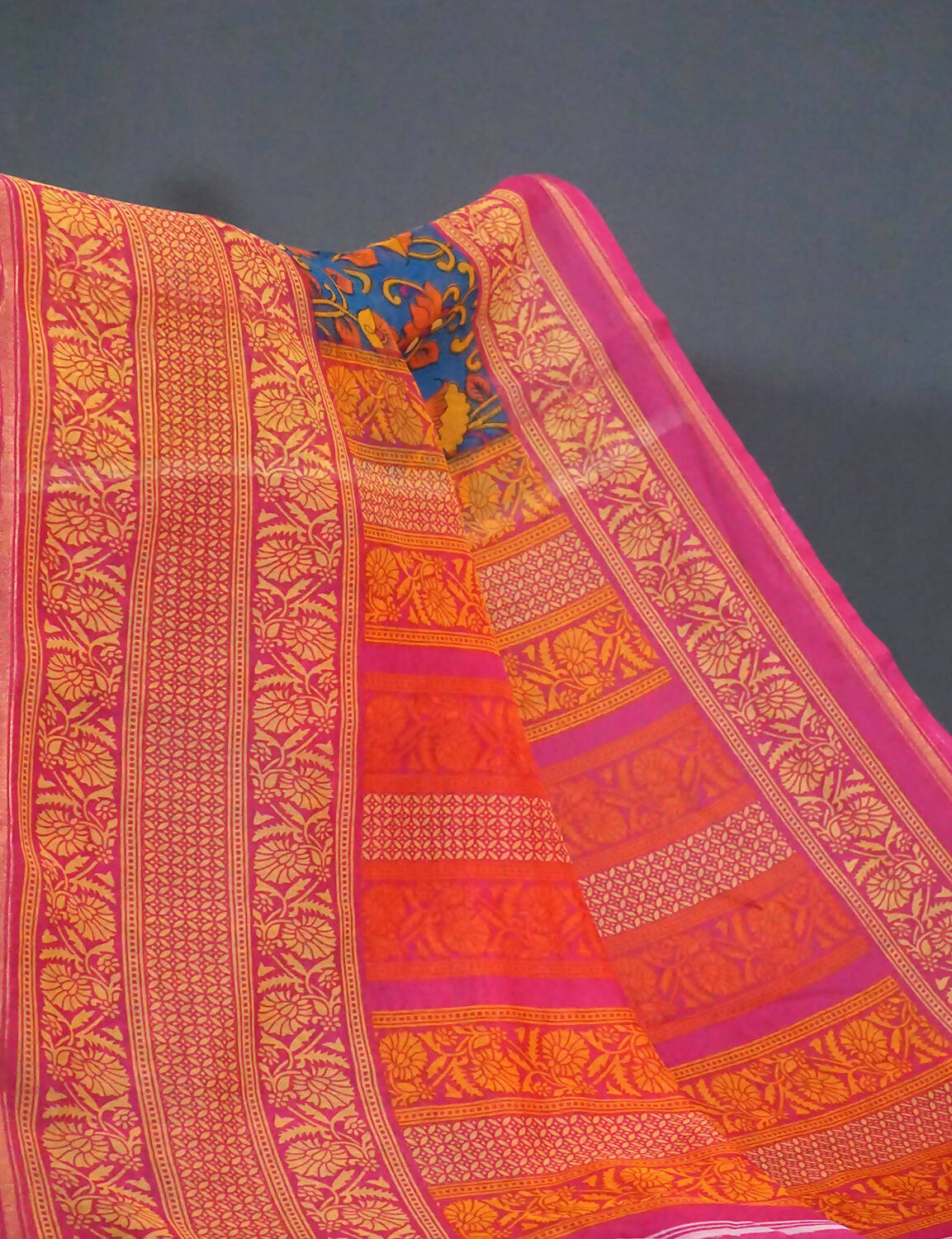 Multi Shades Of Peacock Blue Kalamkaari Design Semi Chanderi Saree With Contrast Blouse By Gayathri Reddy Designer Studio | Grocsy