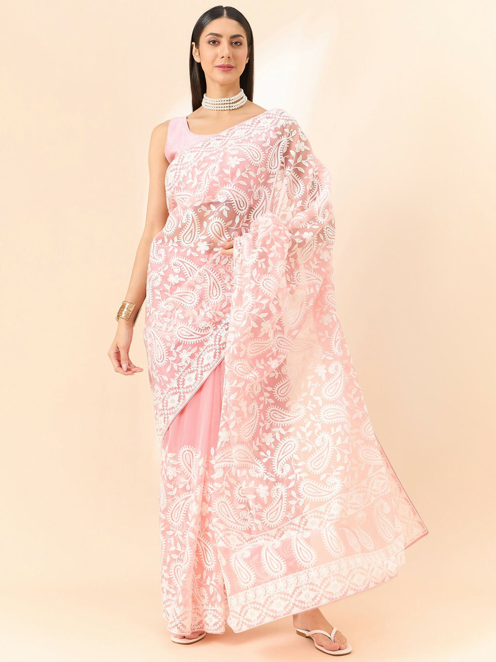 Pink Organza Paisely Embroidered Saree with Unstitched Blouse Piece - Roozal | Grocsy