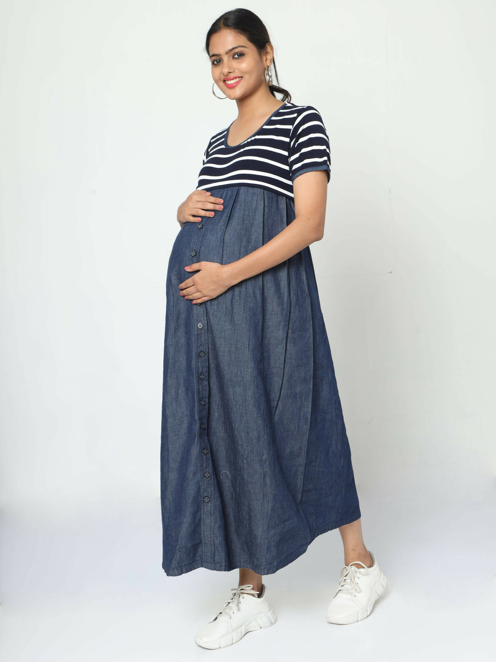 Manet Half Sleeves Maternity Dress White Striped With Concealed Zipper Nursing Access - Navy | Grocsy