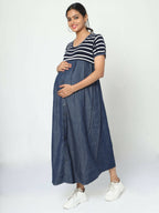 Manet Half Sleeves Maternity Dress White Striped With Concealed Zipper Nursing Access - Navy | Grocsy