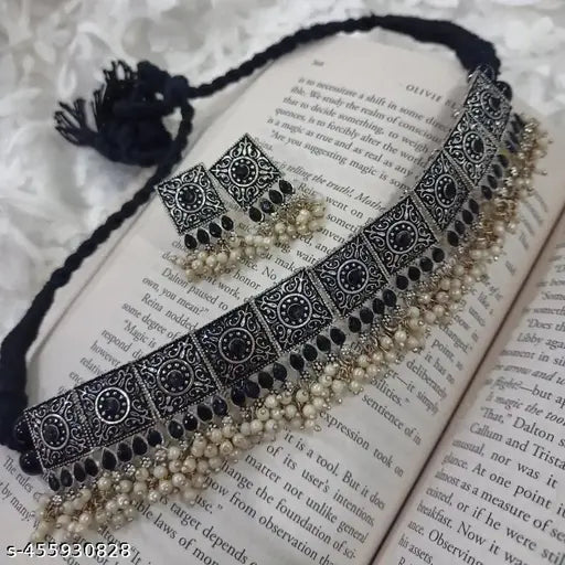 Tehzeeb Creations Women's Silver Colour Oxidised Necklace With Black Pearl - Swadesiicart