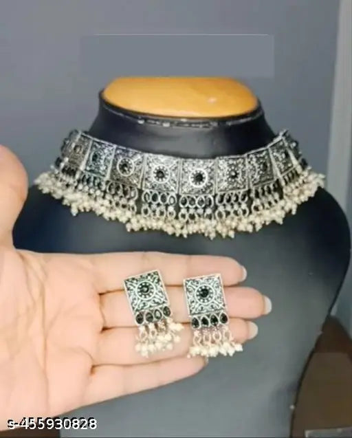 Tehzeeb Creations Women's Silver Colour Oxidised Necklace With Black Pearl - Swadesiicart