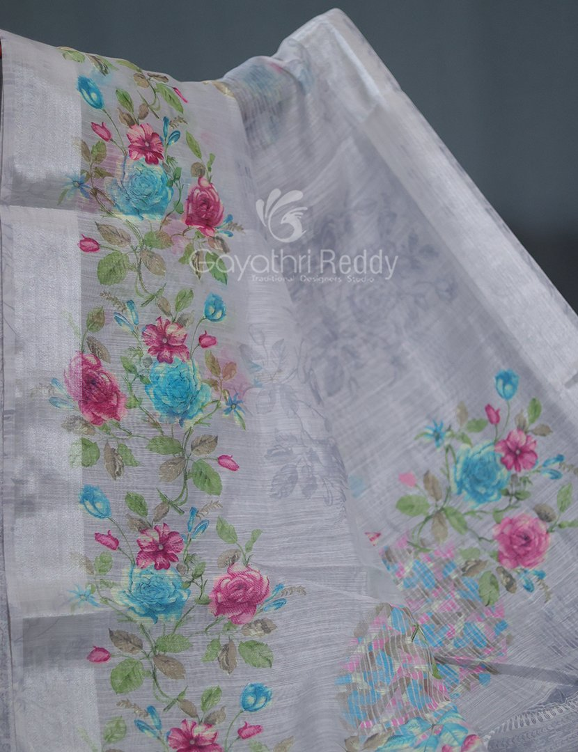 Shades of Light Grey With Floral Print Semi Chanderi Saree By Gayathri Reddy Designer Studio | Grocsy